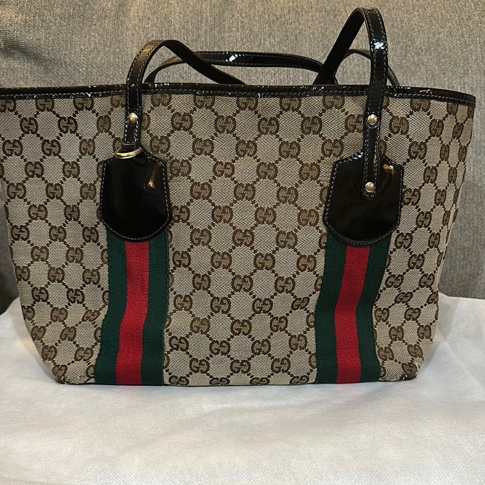 Authentic Gucci Beige Brown Monogram Canvas Shoulder Bag with Green and Red Web